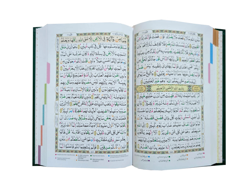 An open hardcover book showing two printed pages with Arabic calligraphy text, decorative borders, and colored page edges, photographed on a plain white background. Al Quran Al Kareem Tajweedi - 16 Lines (Hafizi 7B)