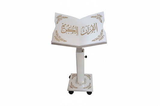 Decorative Quran stand with intricate designs on a white background